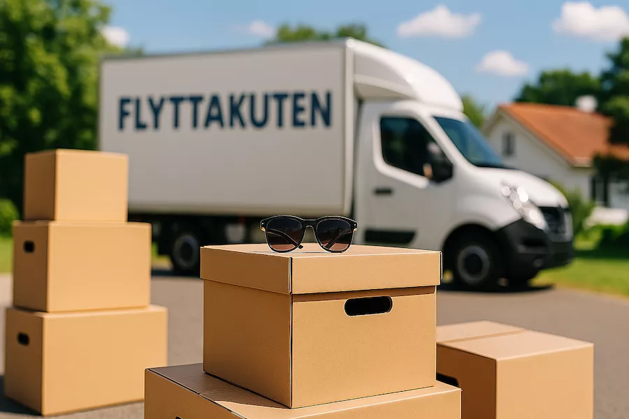 flyttlådor framför flyttbil under sommarsemester